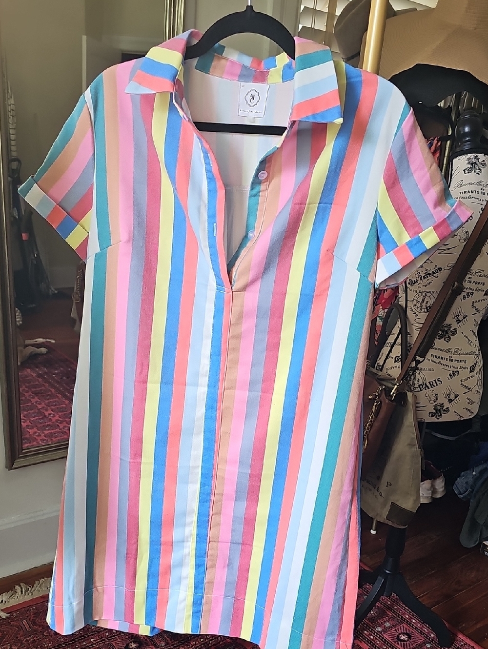 Women's Multicolor Vertical Stripe Short-Sleeve Shirt Dress